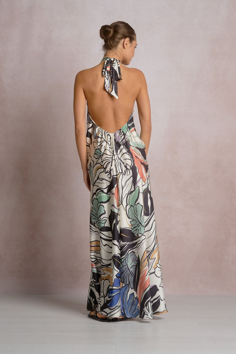 Tropical Print Satin Maxi Dress, Blue Botanical
