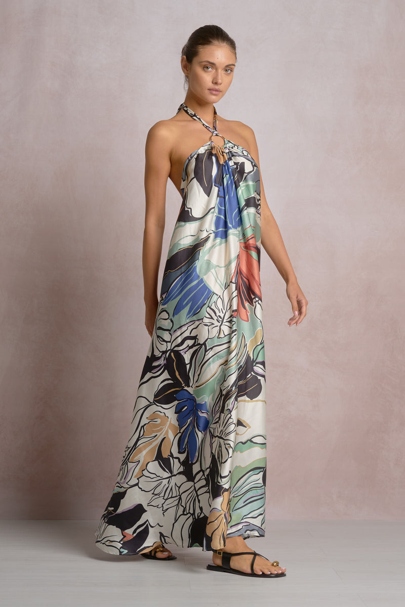 tropical long dress Tropic Floral Satin Maxi Dress S