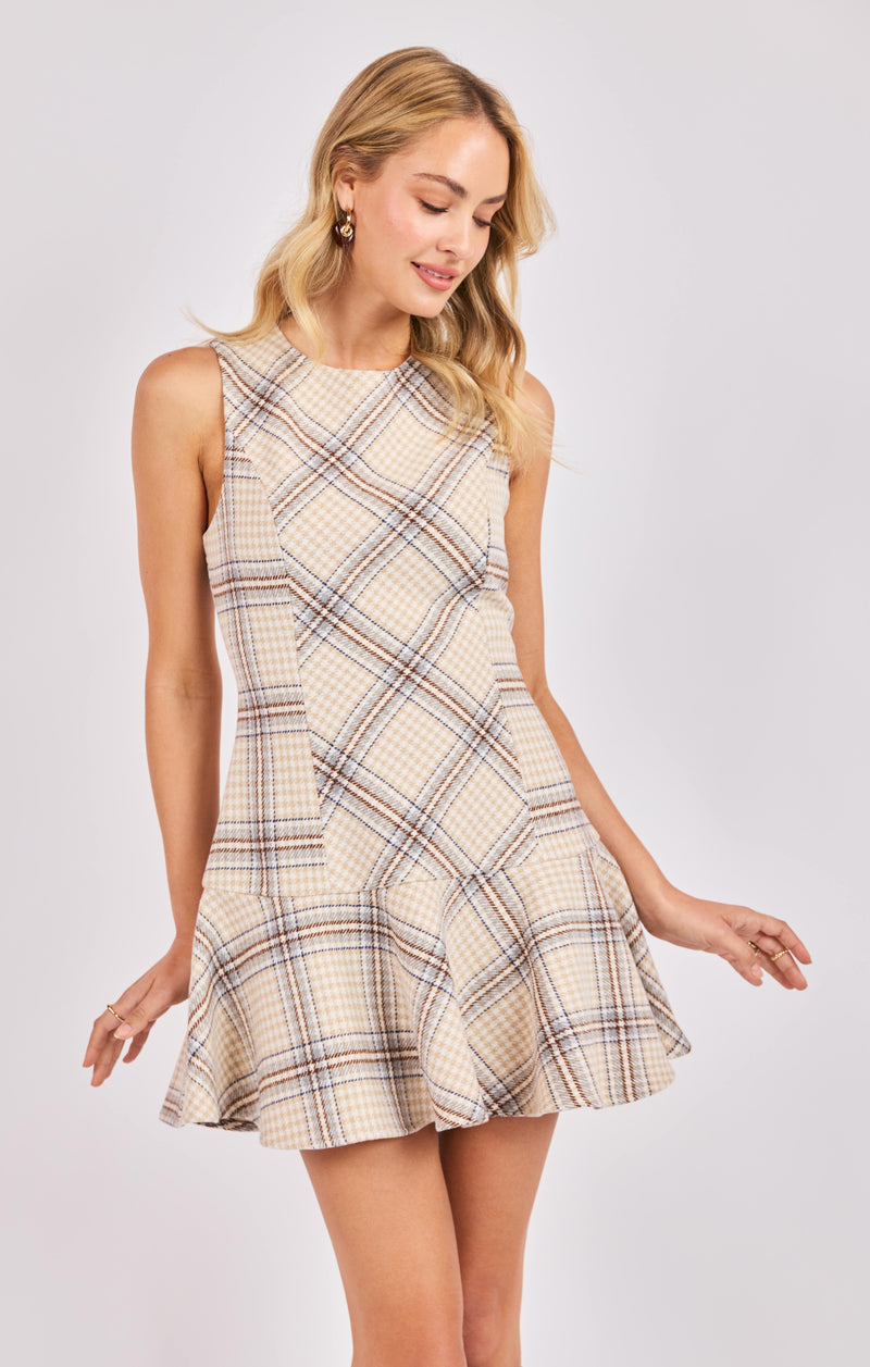 Cedar Plaid Drop Waist Mini Dress, Ivory Multi | Sadie & Sage