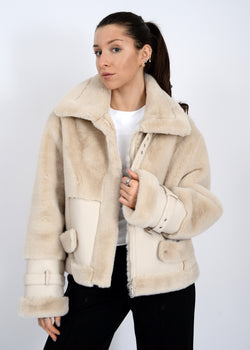 Mink Faux Fur Vegan Leather Jacket, Oat | RD Style