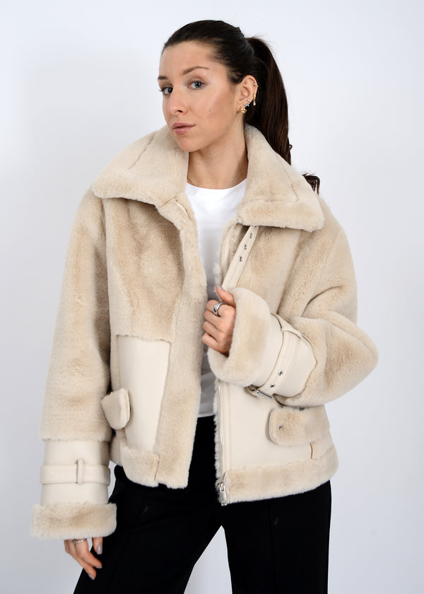 Mink Faux Fur Vegan Leather Jacket, Oat | RD Style