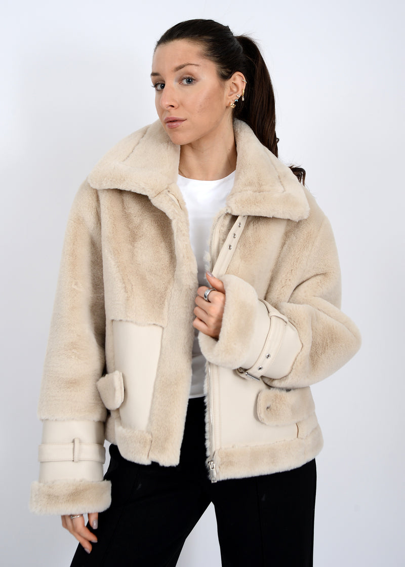 Mink Faux Fur Vegan Leather Jacket, Oat | RD Style