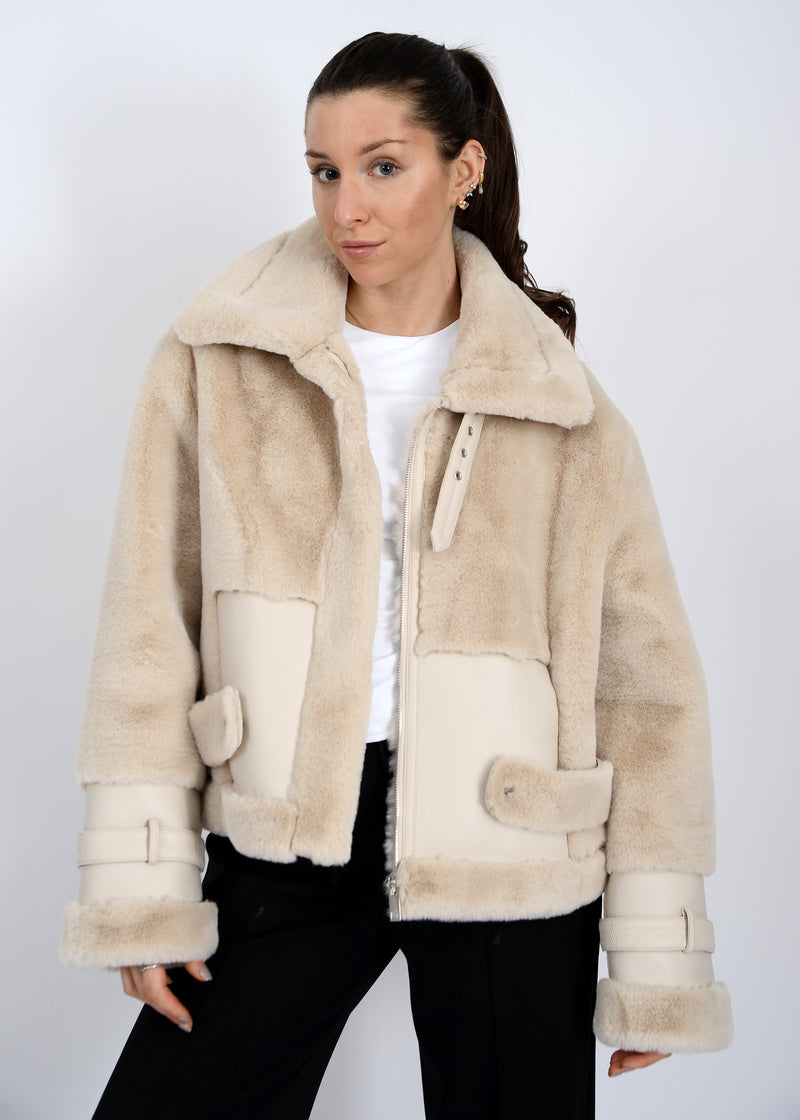 Mink Faux Fur Vegan Leather Jacket, Oat | RD Style
