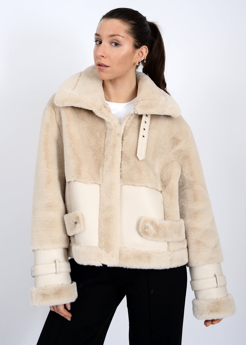 Mink Faux Fur Vegan Leather Jacket, Oat | RD Style
