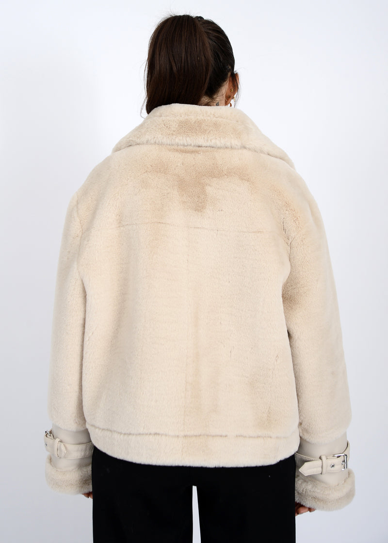 Mink Faux Fur Vegan Leather Jacket, Oat | RD Style