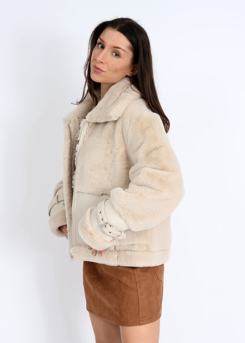 Mink Faux Fur Vegan Leather Jacket, Oat | RD Style