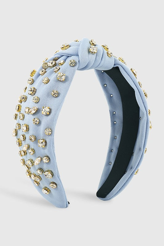 Poppy Rhinestone Knot Headband, Light Blue