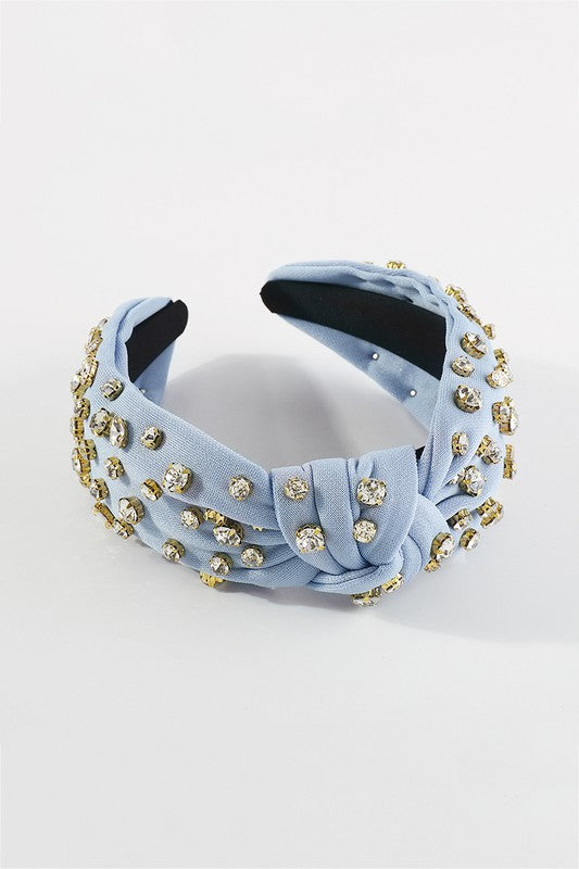 Poppy Rhinestone Knot Headband, Light Blue