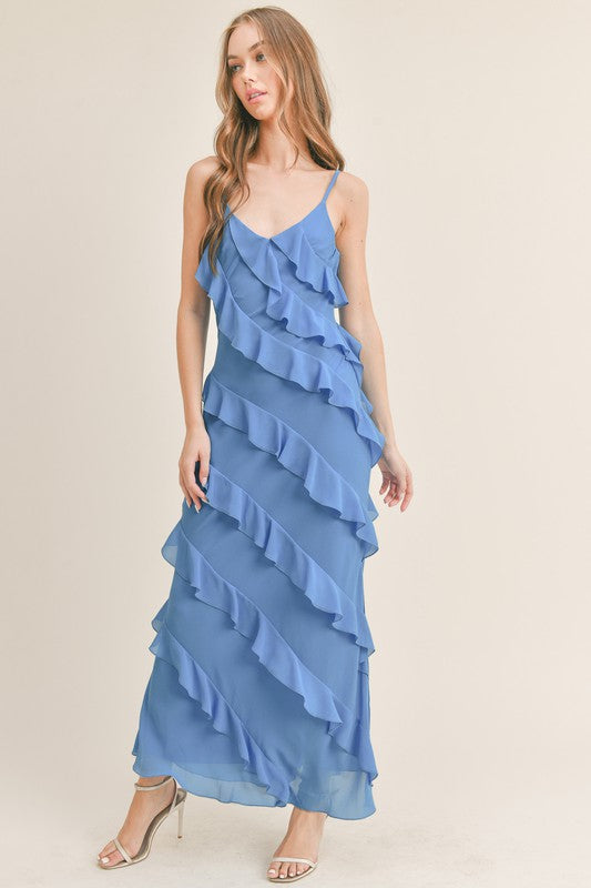Cenote Ruffled Maxi Dress, Aqua