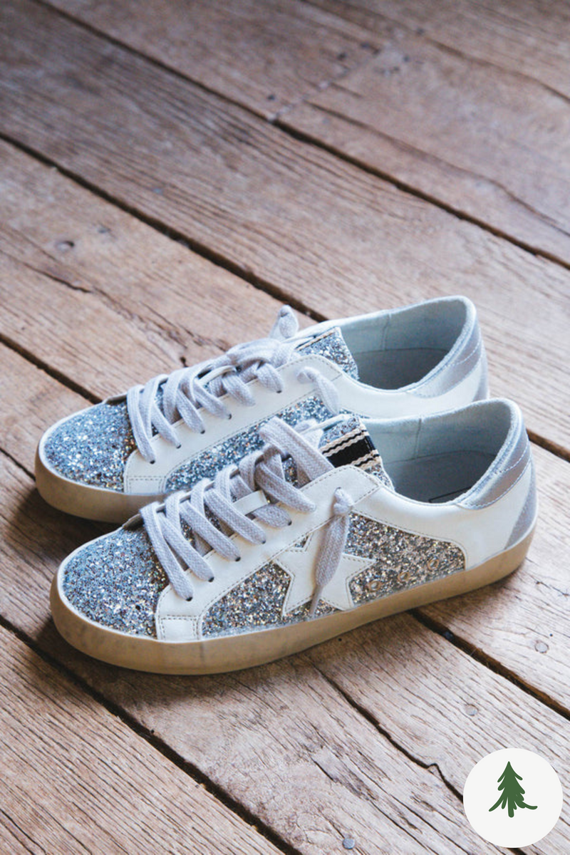 Paris Glitter Detail Lace Up Sneaker, Silver Sparkle | SHUSHOP