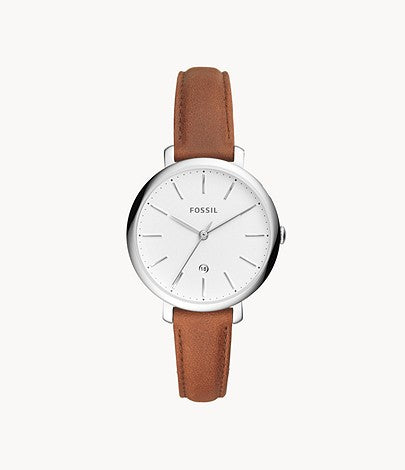 Jacqueline Three-Hand Date Brown Leather Watch, Brown | FOSSIL