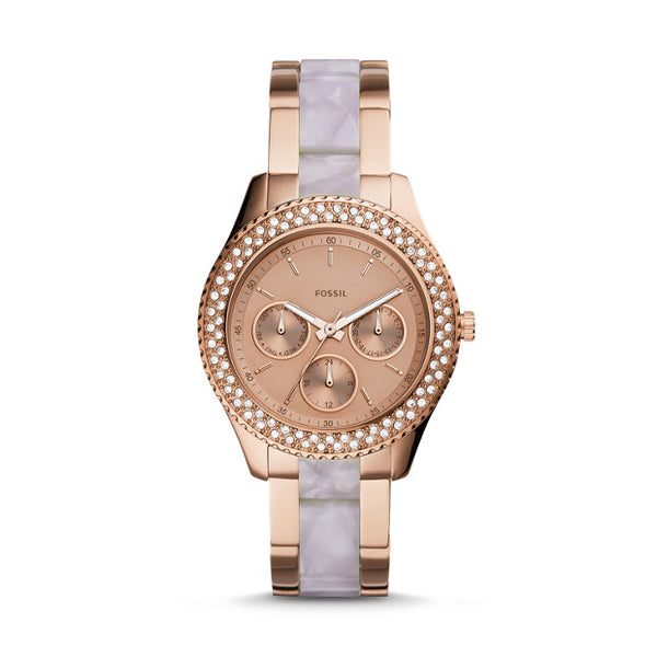 Stella Multifunction Two-Tone Stainless Steel and Acetate Watch, Rose Gold | Fossil®