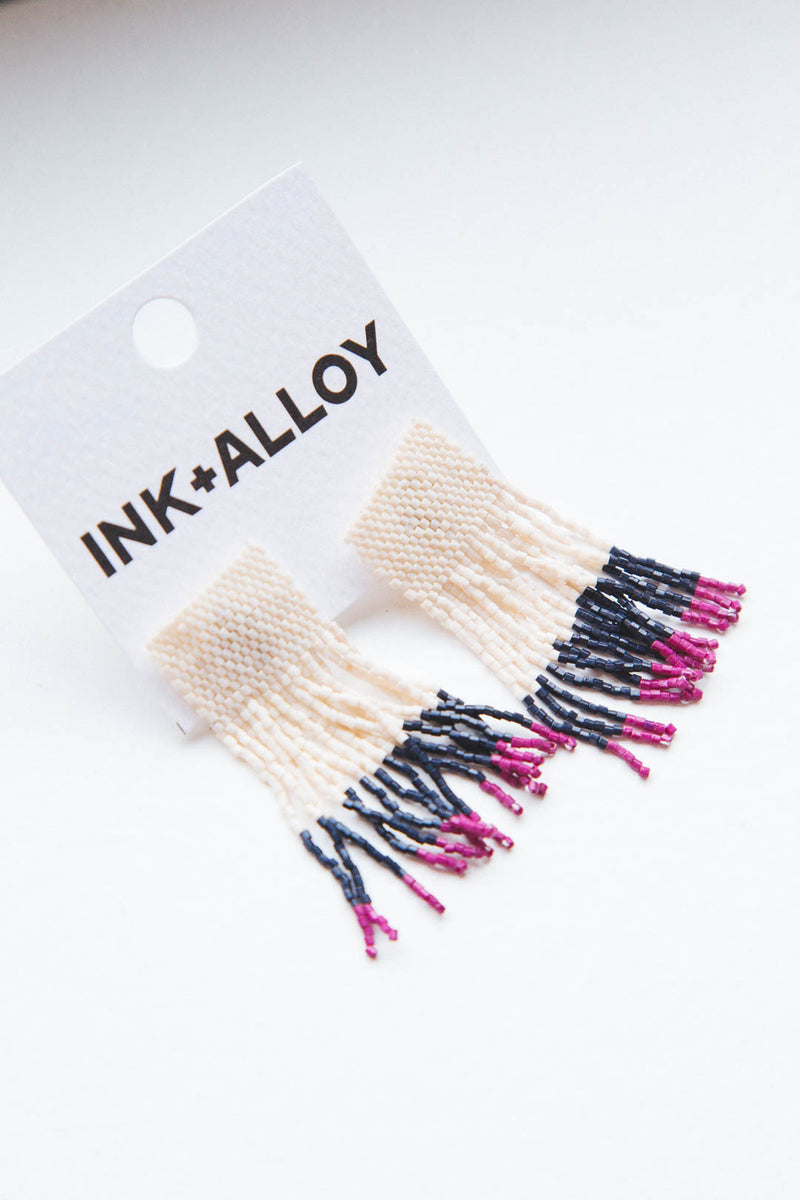 Colorblock Luxe Short Fringe Earring, Ivory/Navy/Magenta | Ink + Alloy