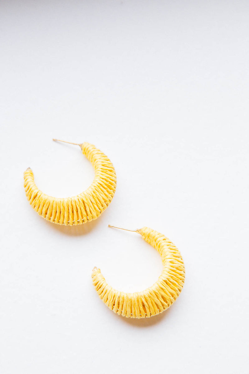 Raffia Wrapped Hoop Earrings, Yellow