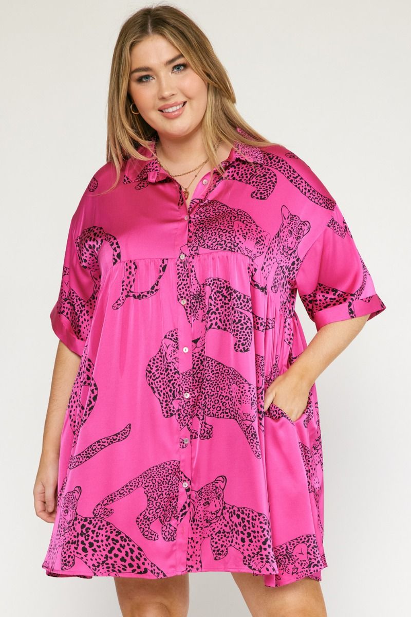 Jada Leopard Satin Dress, Hot Pink | Extended Sizes