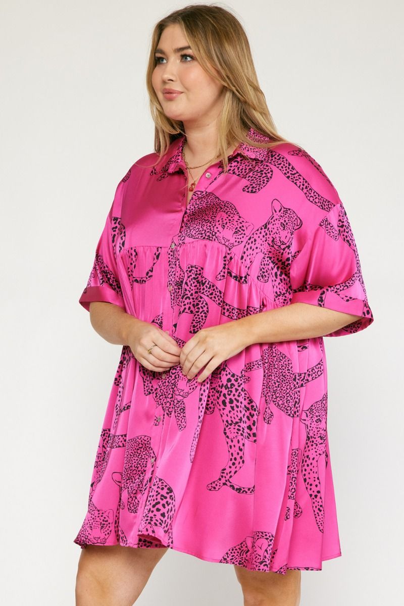 Jada Leopard Satin Dress, Hot Pink | Extended Sizes