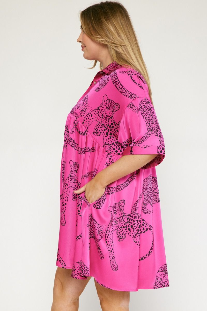 Jada Leopard Satin Dress, Hot Pink | Extended Sizes