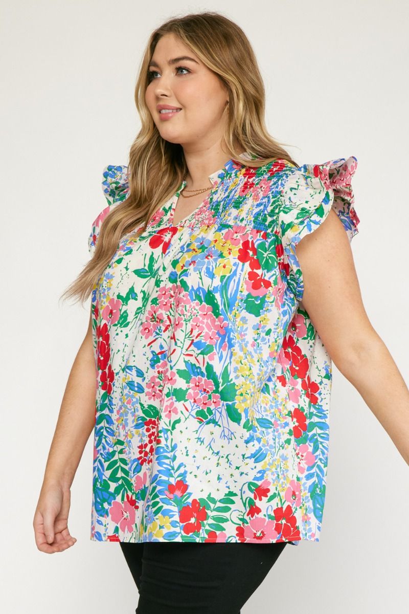 Saanvi Smocked Neck Top, Off White | Plus Size