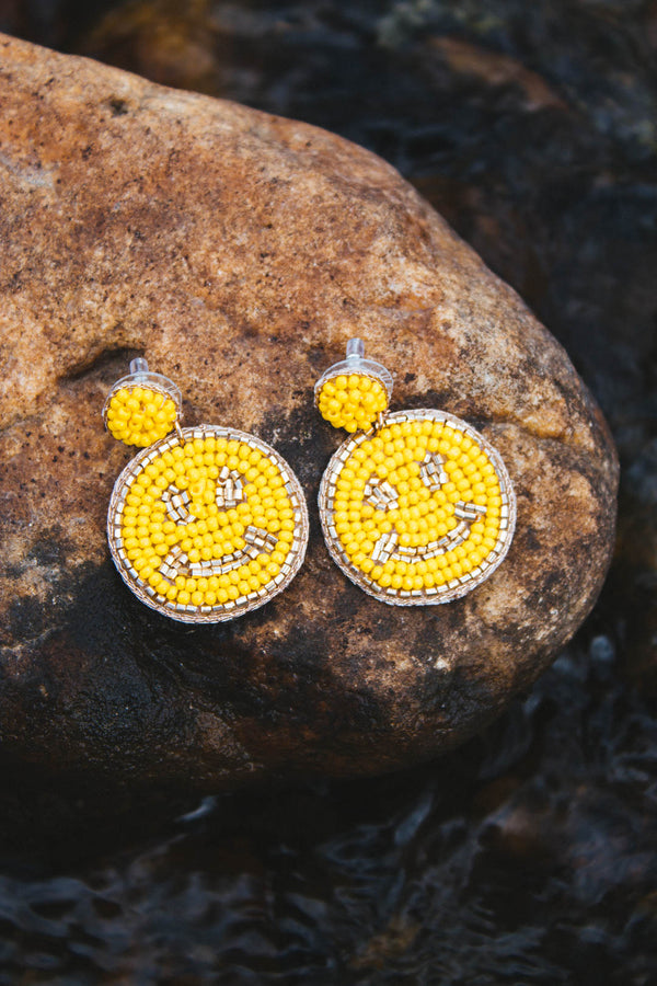 Beaded Smiley Earrings, Yellow