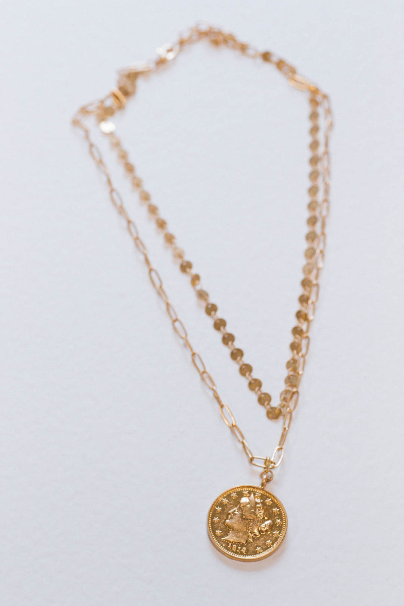 Chain and Coin Layered Necklace, Gold