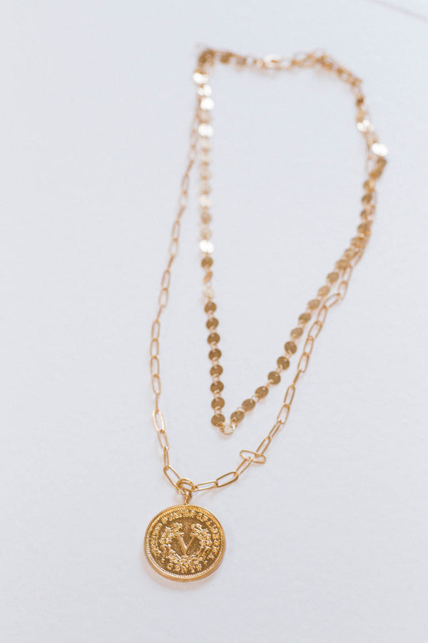 Chain and Coin Layered Necklace, Gold