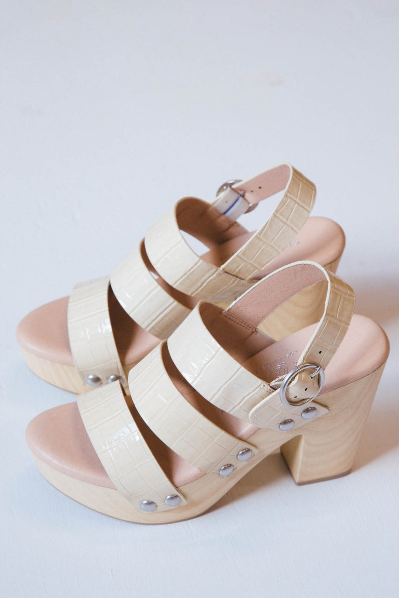 Beige Patent Croc Platform Sandals