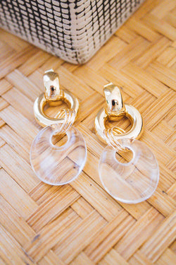 Round Stone Drop Earring, Clear/Gold