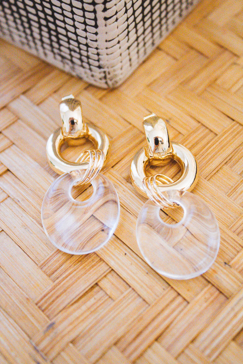 Round Stone Drop Earring, Clear/Gold