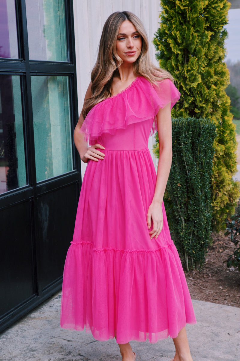 Vivienne One Shoulder Midi Dress, Fuchsia