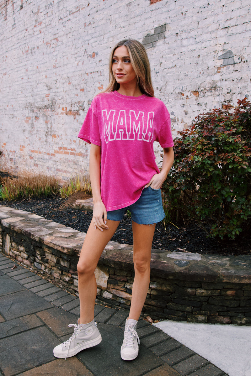 Mama Mineral Washed Graphic Tee, Hot Pink
