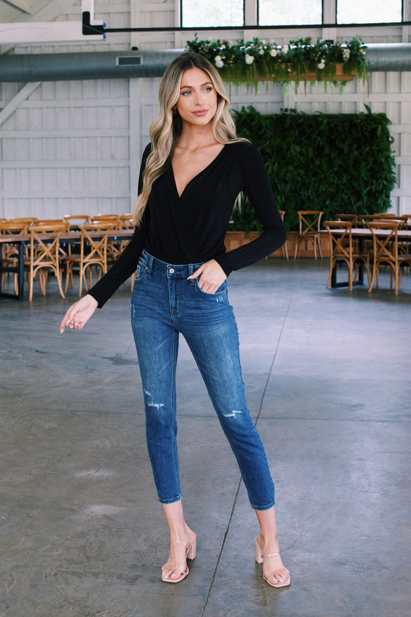 London Calling Surplice Bodysuit, Black
