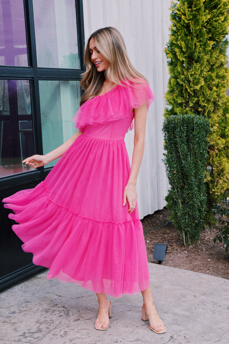 Vivienne One Shoulder Midi Dress, Fuchsia