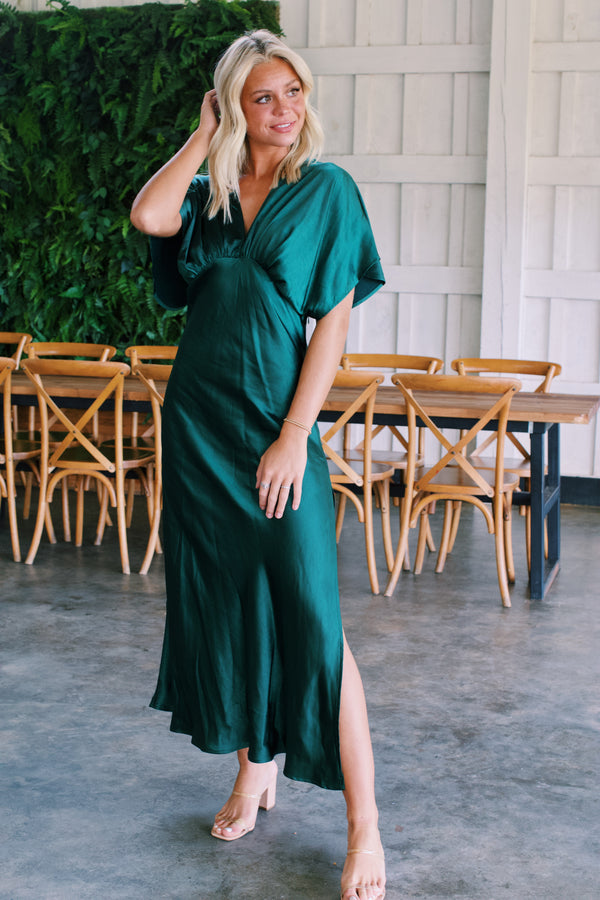 Ziva Satin Maxi Dress, Dark Emerald