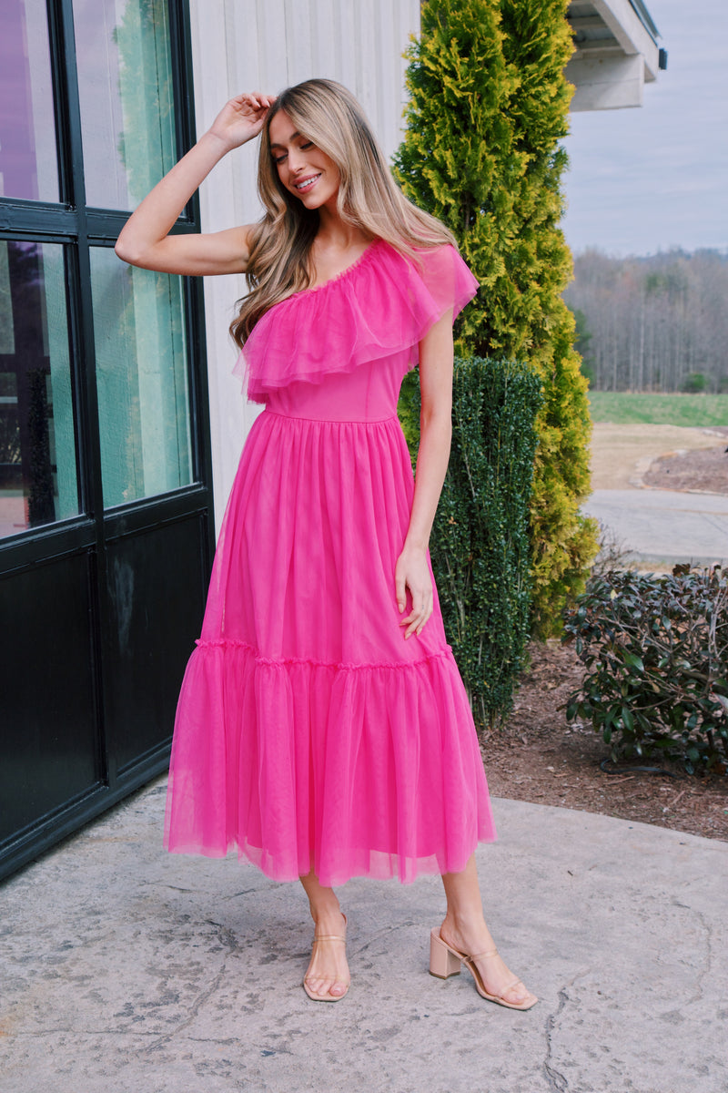 Vivienne One Shoulder Midi Dress, Fuchsia
