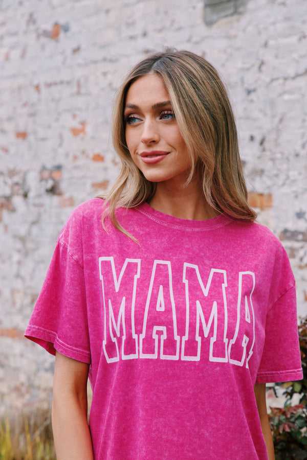 Mama Mineral Washed Graphic Tee, Hot Pink
