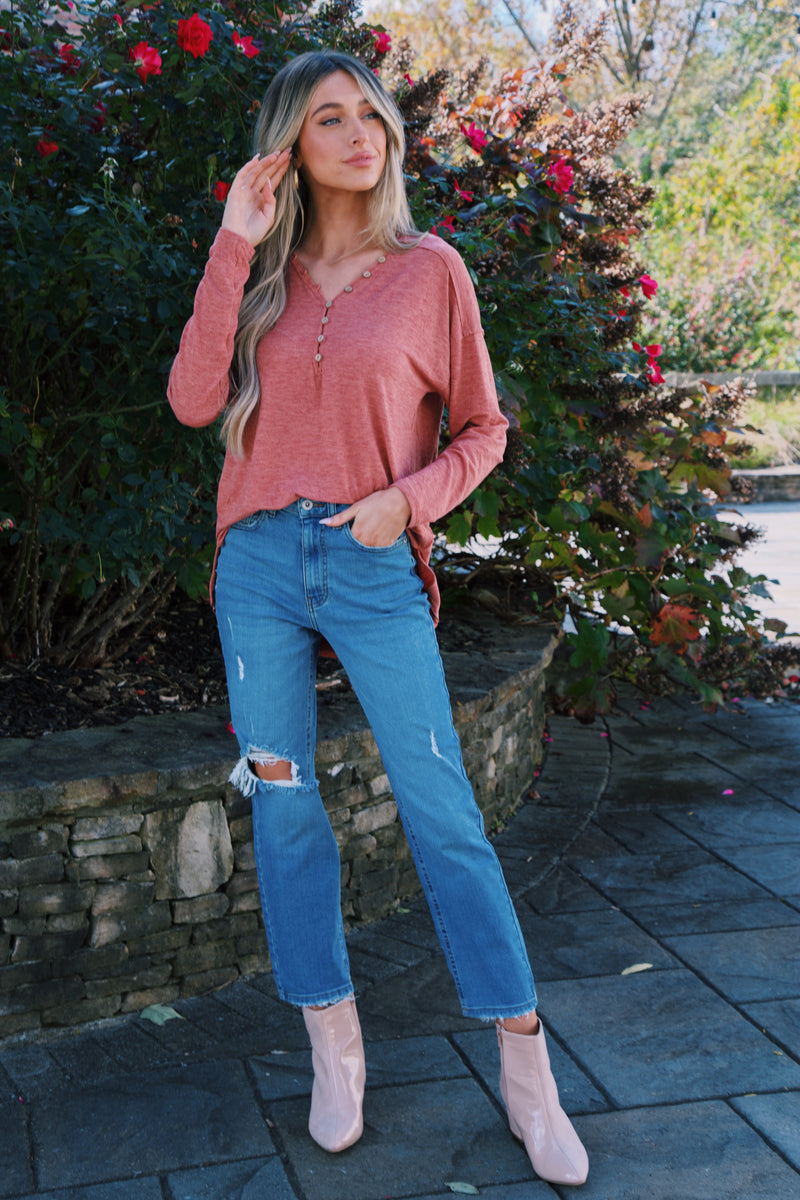 Bence Button Knit Top, Brick