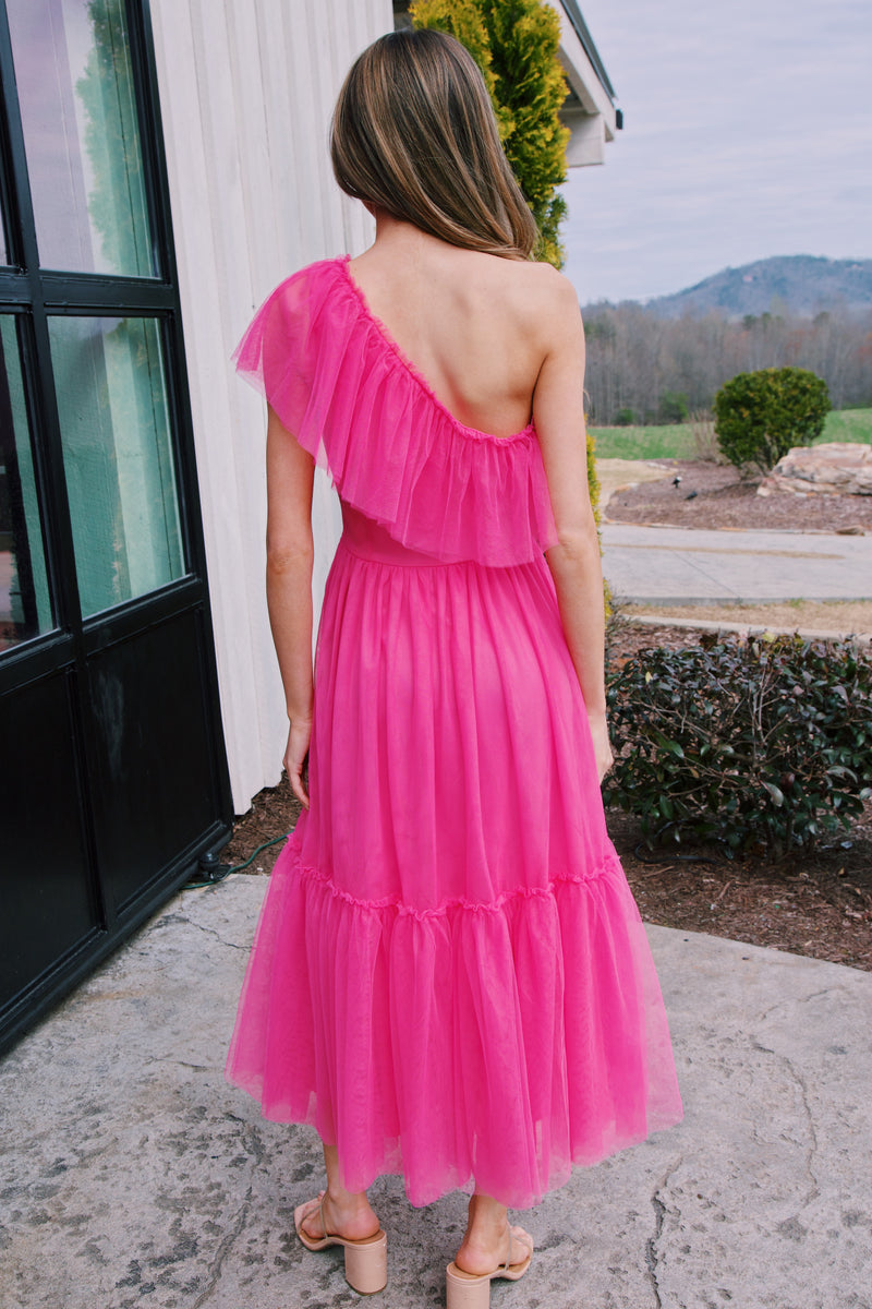 Vivienne One Shoulder Midi Dress, Fuchsia