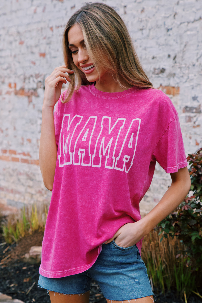 Mama Mineral Washed Graphic Tee, Hot Pink