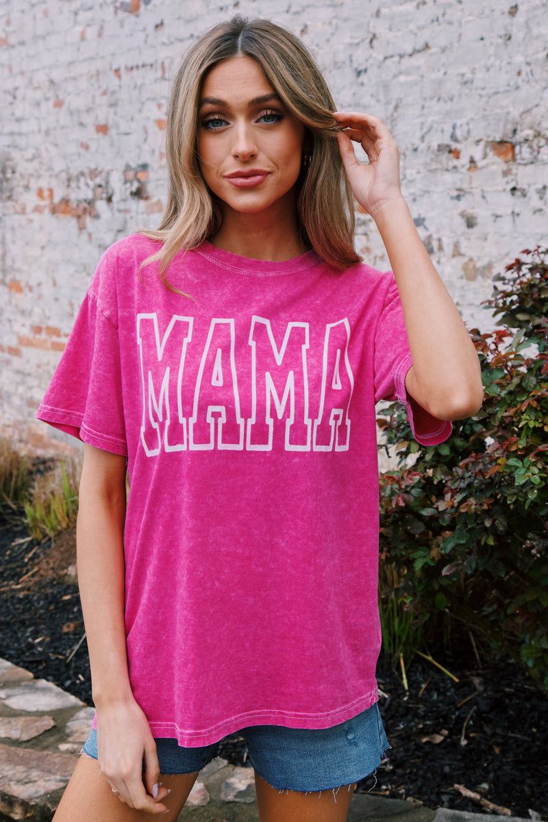 Mama Mineral Washed Graphic Tee, Hot Pink