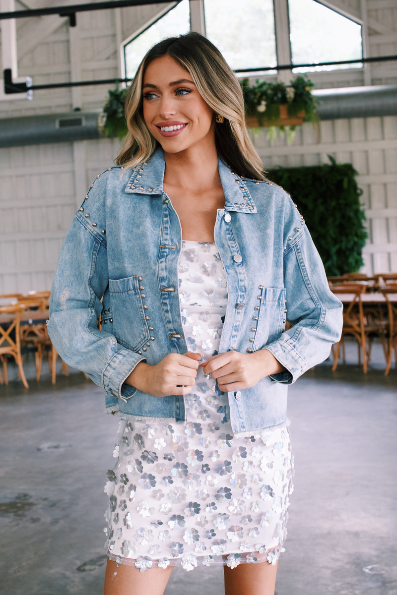 Lucky Day Flower Sequin Mini Dress, Silver