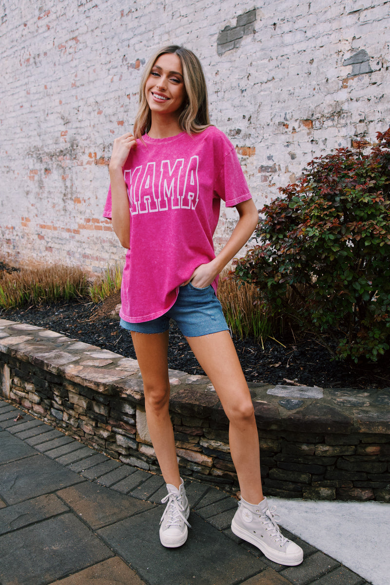 Mama Mineral Washed Graphic Tee, Hot Pink