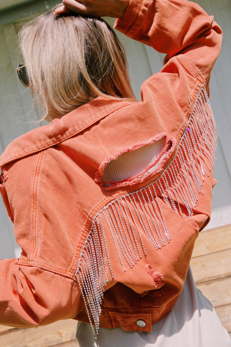 Rhinestone Diva Denim Jacket, Tangerine