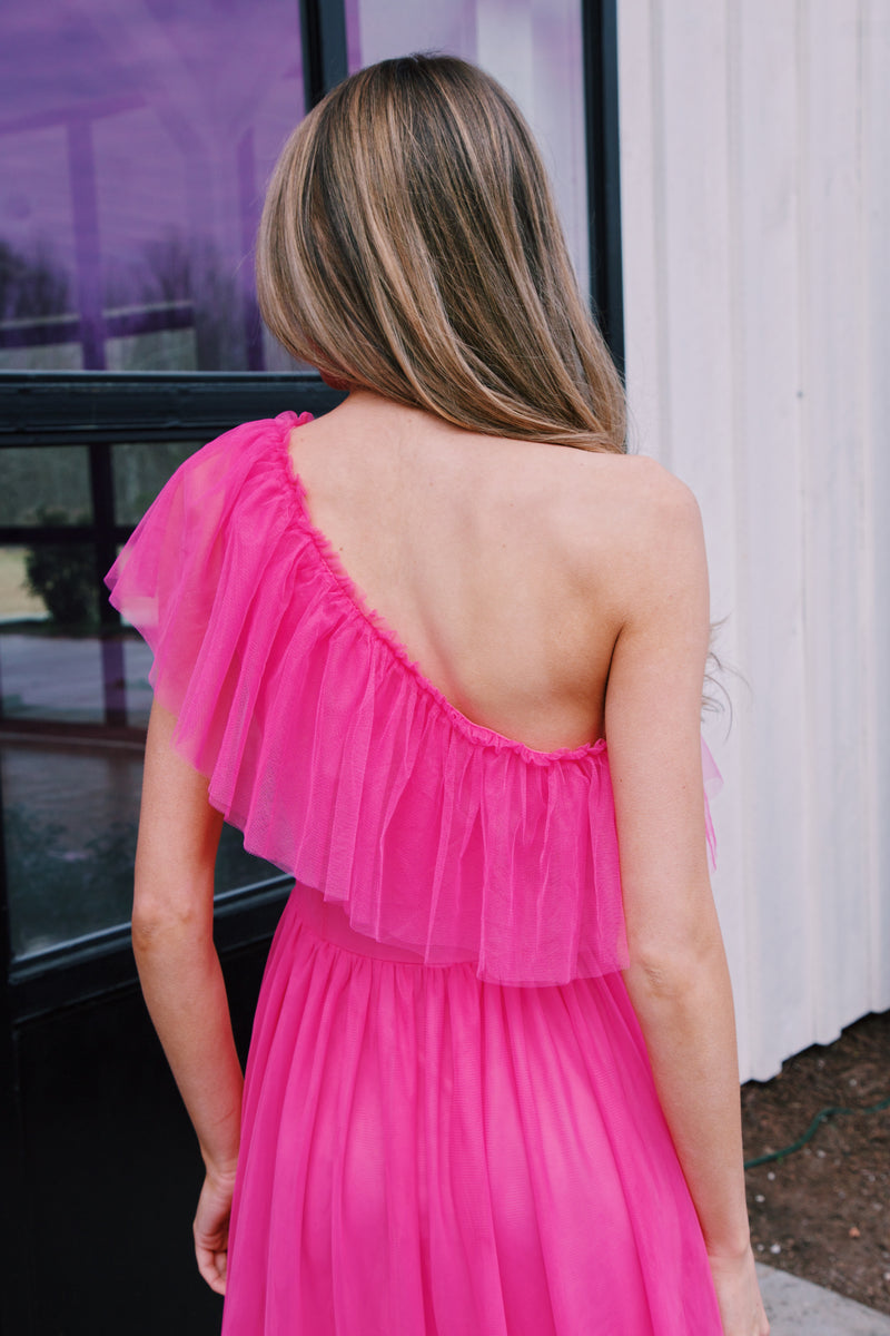 Vivienne One Shoulder Midi Dress, Fuchsia