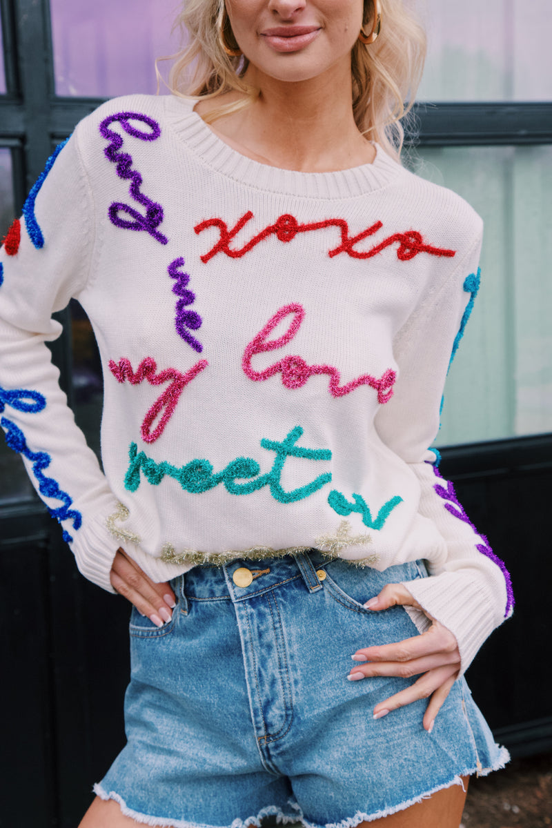 All the Glitter Script Sweater, White Multi