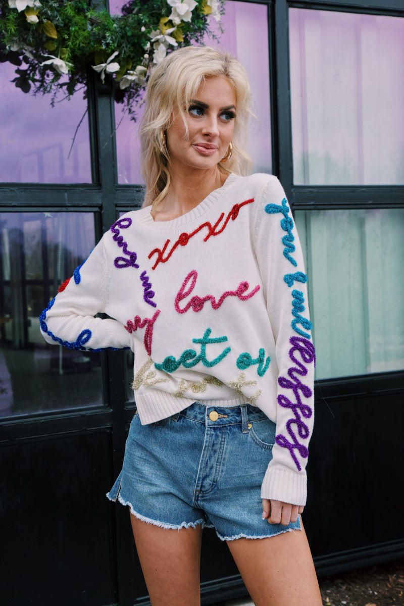 All the Glitter Script Sweater, White Multi