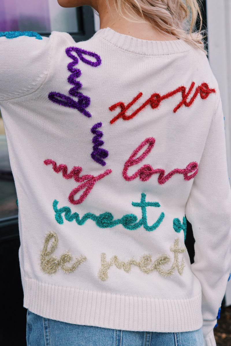 All the Glitter Script Sweater, White Multi