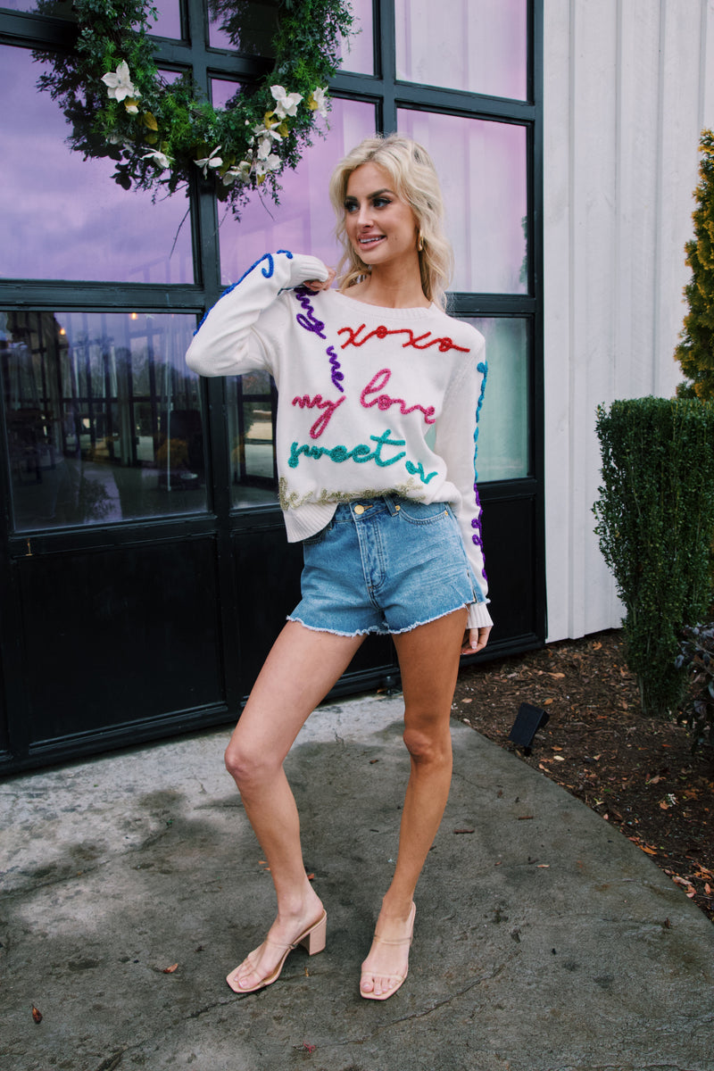 All the Glitter Script Sweater, White Multi