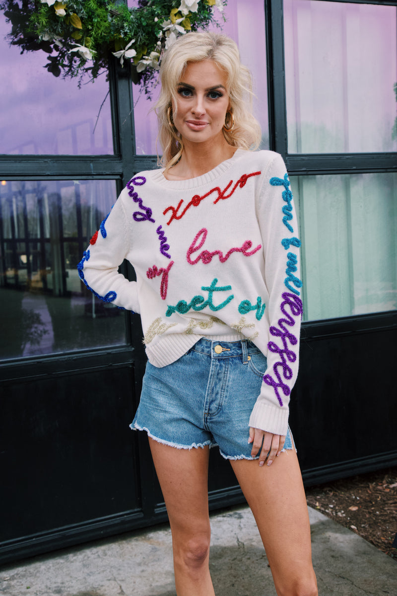 All the Glitter Script Sweater, White Multi