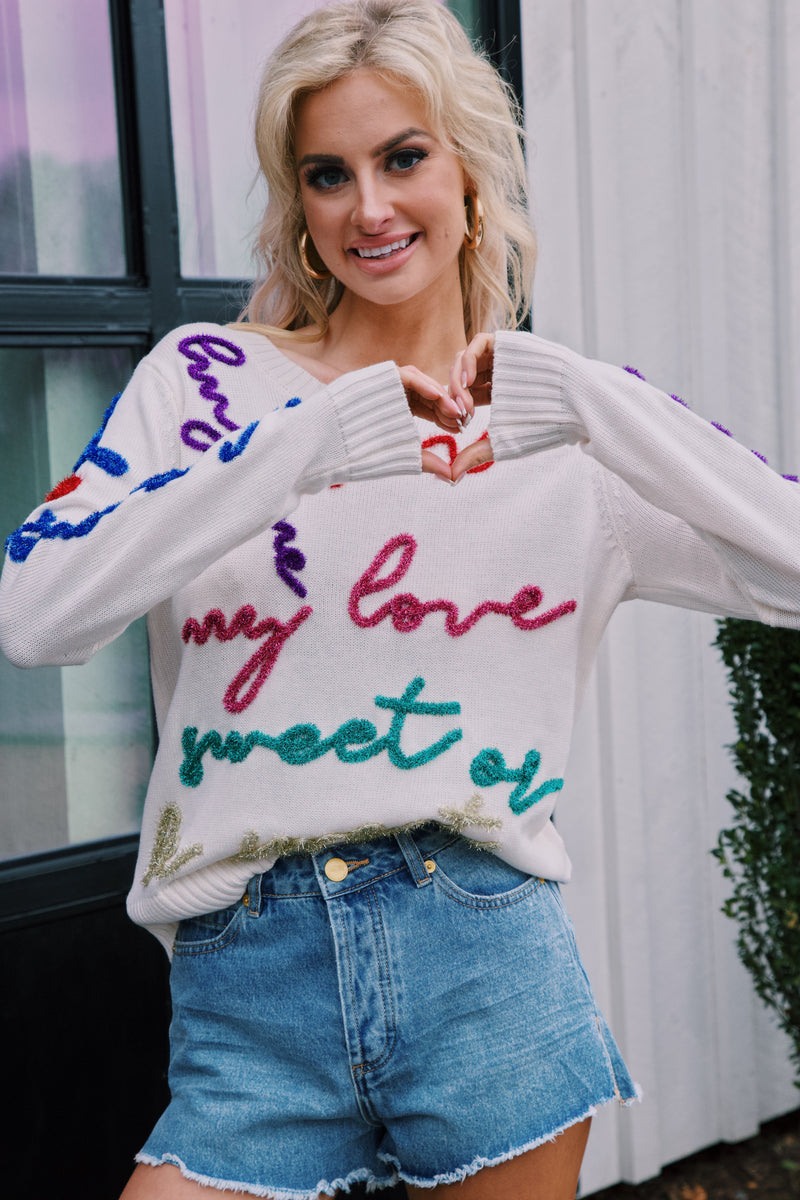 All the Glitter Script Sweater, White Multi