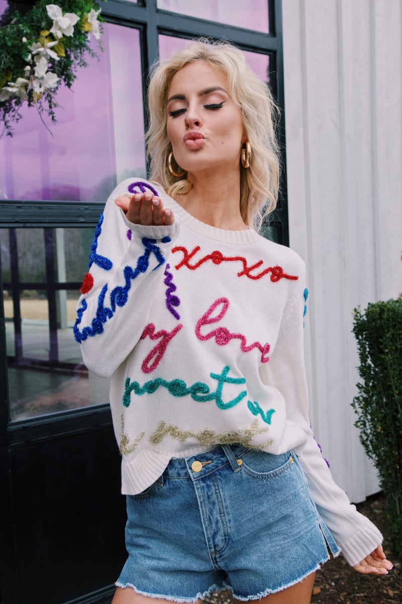 All the Glitter Script Sweater, White Multi